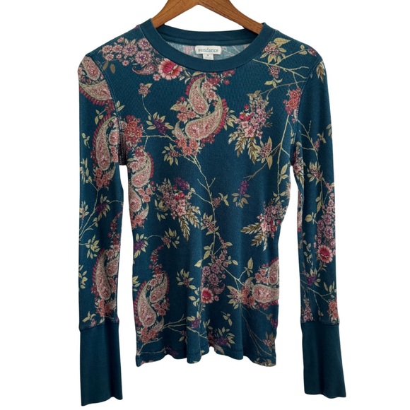Sundance Teal Paisley Floral Thermal Waffle Long Sleeve Top Shirt Medium Boho - Picture 2 of 8